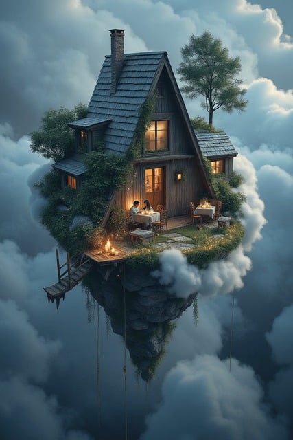 Schwebend, Insel, Haus, Wolken, Himmel