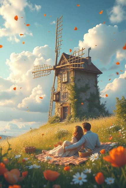 Free windmill meadow couple illustration