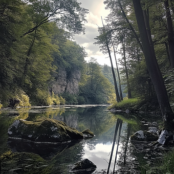 Les, Jezero, Řeka, Stromy, Mech, Krajina