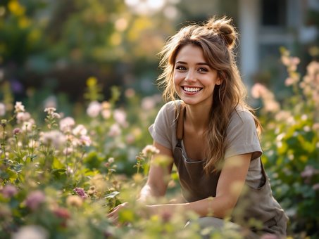 Mujer, Jardín, Flores, Sonriente