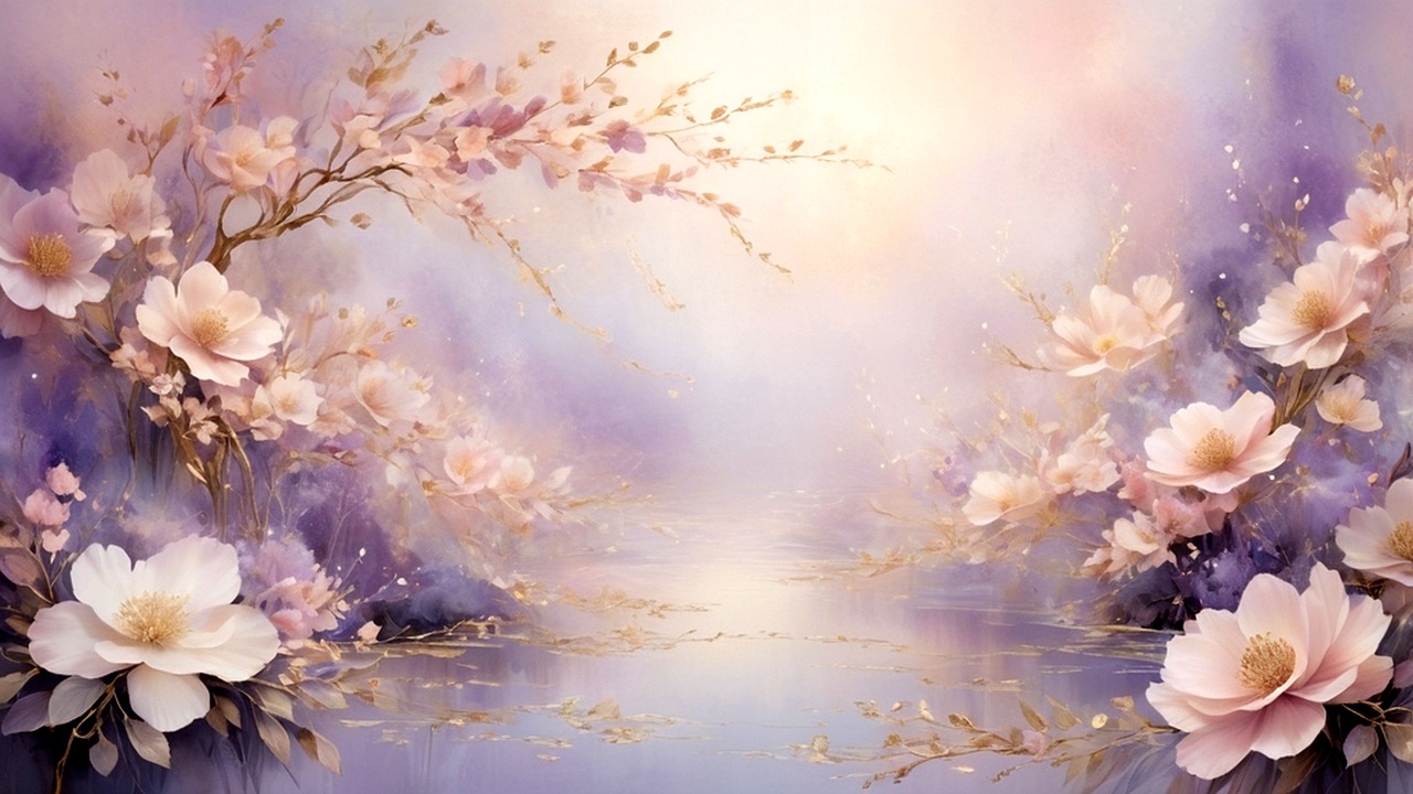 A natural scene filled with luminous ethereal blossoms under a twilight sky
