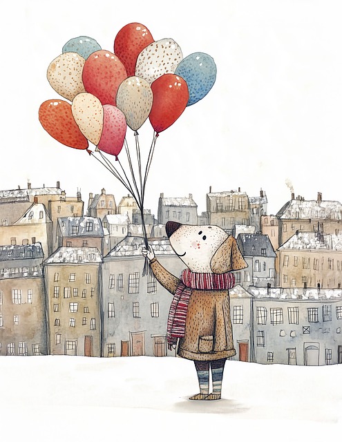 Free dog balloons winter illustration