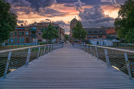 스웨덴, Halmstad, 유럽, 여행하다, 하늘, 도시, 일몰, 다리