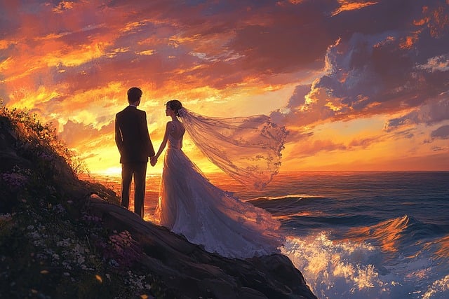 Free wedding newlyweds sunset illustration