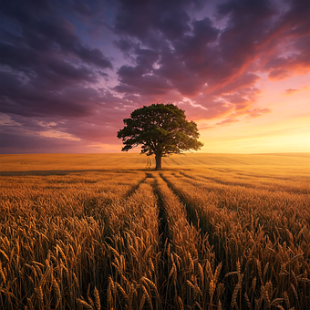 Free Lone Tree Golden Wheat Field illustration and picture