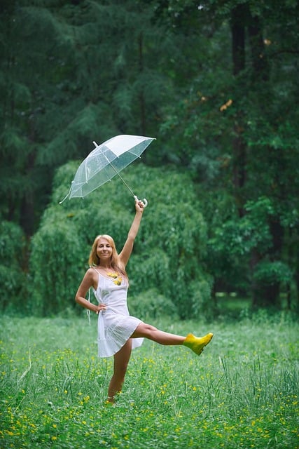 woman, park, stroll, summer, umbrella, forest, nature, glade, summer look, mini dress, summer dress, yellow boots