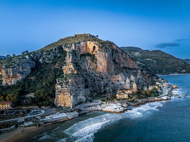 drone, landscape, flight, jupiter, terracina, temple, anxur, pontine, latin, beach, sea, nature, city, lazio, italy, panorama