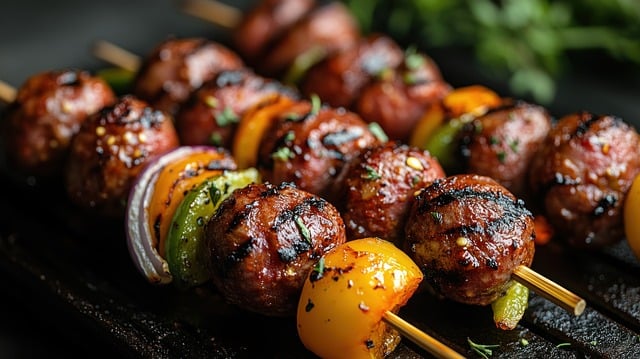 Free skewers meatballs vegetables illustration