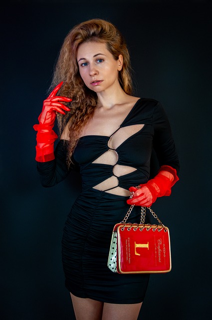 woman, portrait, classic, model, pose, neckline, blonde, mini dress, long gloves, handbag, lady, brightly