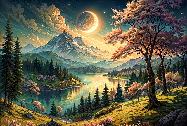 Free spring landscape moonlight illustration