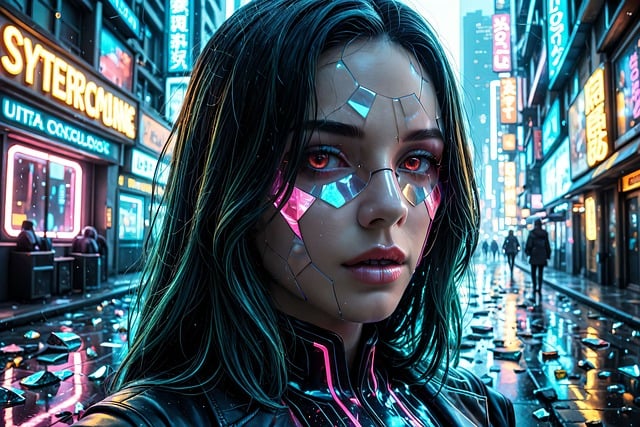 woman, cyberpunk, city, urban, neon, night, futuristic, technology, lights, steampunk, road, samurai, robot, fantasy, building, synthwave, science fiction