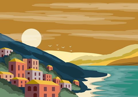 Landschap, Kust, Eventide, Illustratie