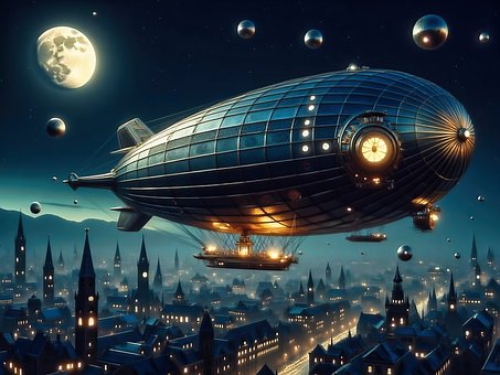 Dirijabil, Zeppelin, Noapte, Oraș, Luna
