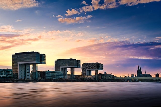 architecture, dusk, landscape, cologne, germany, rhine, building, modern, city, bank