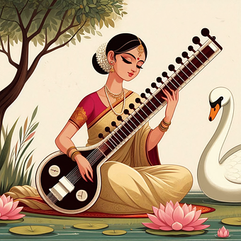 Frau, Sitar, Schwan, Lotus, Indisch