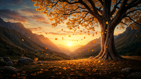 Herbst, Baum, Senke, Sonnenuntergang