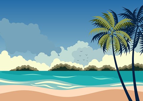 Strand, Zee, Palmbomen, Illustratie