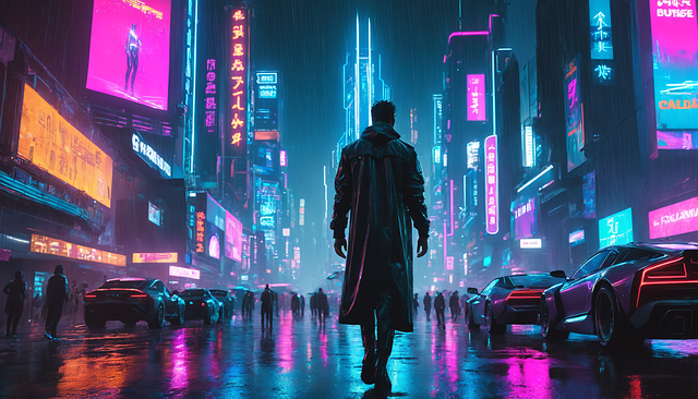 Cyberpunk, By, Futuristisk, Neon, Lys
