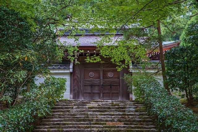 japanese garden, zen, japanese, trees, temple, nature, stairs, gate, green