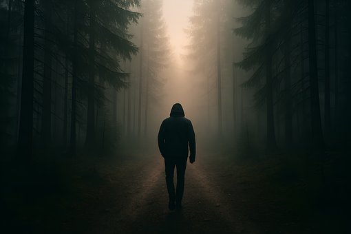 Skog, Tåke, Silhuett, Mystisk, Mann, Gå