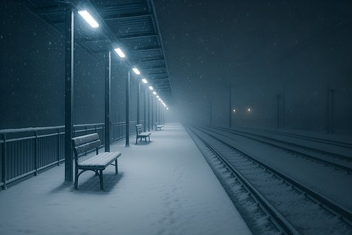 Snø, Togstasjon, Vinter, Natt, Plattform