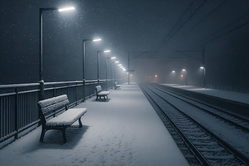 Snø, Togstasjon, Natt, Vinter, Snøfall