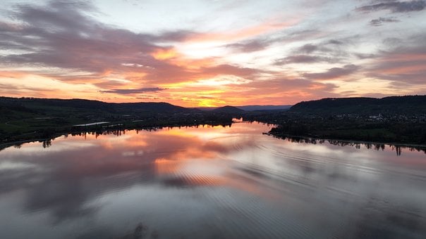 Весна, Заход Солнца, Озеро, Солнце