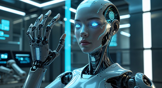 Free ai robot technology futuristic humanoid robot glowing blue eyes robot illustration