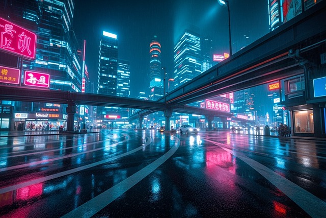Free neon city cyberpunk rain illustration