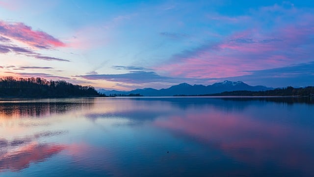 sunrise, dawn, morning mood, morning sky, heaven, clouds, landscape, lake, nature, mountains, reflection, seascape, chiemsee, bavaria