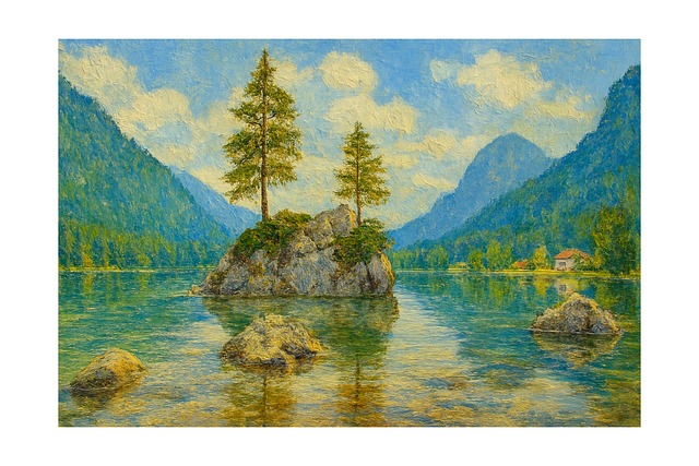Free oil painting mountain lake daytime vector