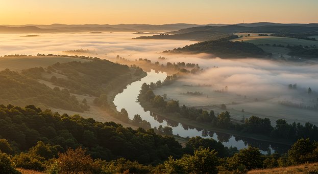 Ai Generiert, Bäume, Fluss, Neblig