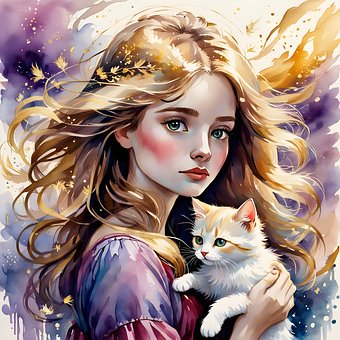 Free Girl Cat illustration and picture