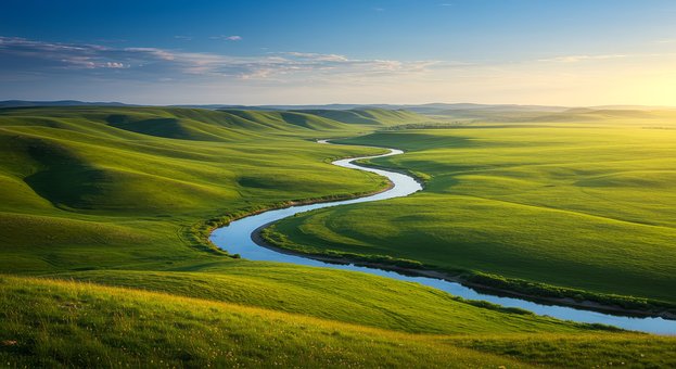 Ai Generiert, Fluss, Gras, Sonne, Himmel