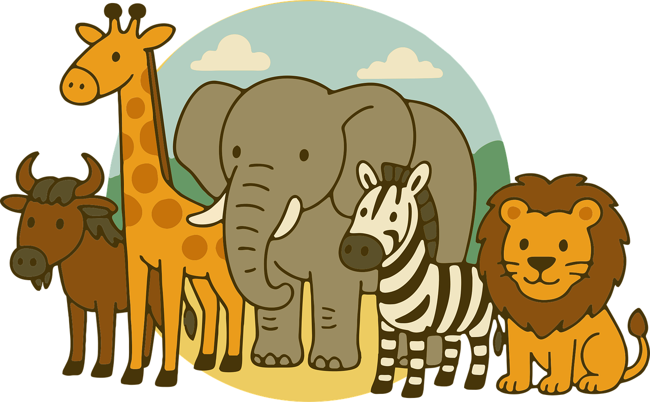 cute cartoon animals, giraffe, zebra, lion clip art preview