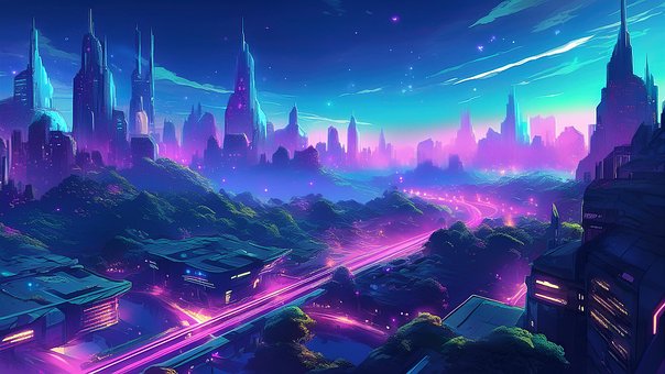 Cyberpunk, Stadtbild, Lila, Blau