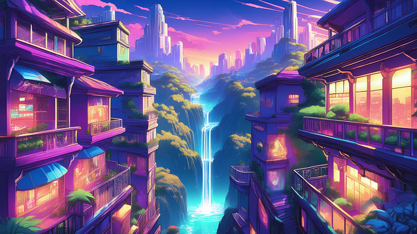 Dampfwelle, Anime, Stadt, Wasserfall