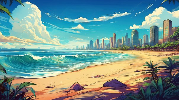 Strand, Anime, Wolken, Sonnig, Stadt