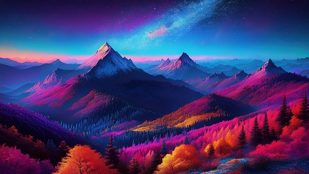 Berge, Gebirge, Wald, Galaxienhimmel
