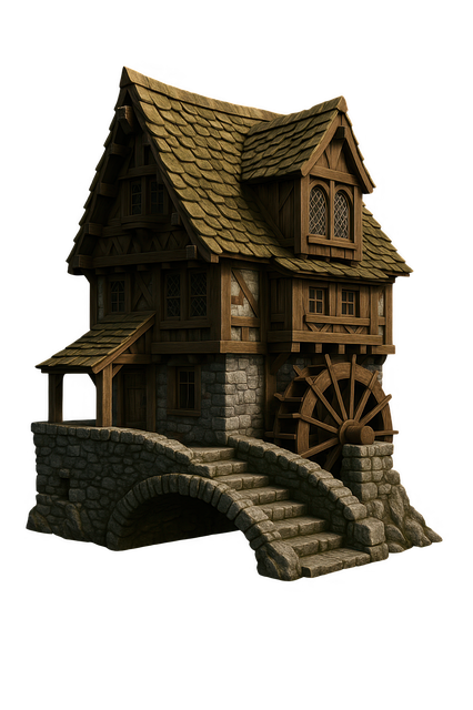 Free ai generated watermill house medieval cottage illustration
