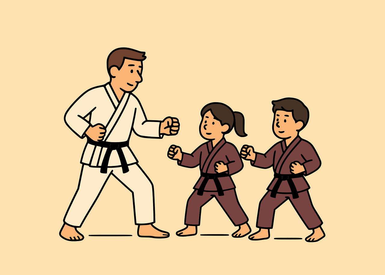 karate lesson: teacher with students in action clip art preview