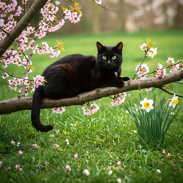 Ai Generiert, Katze, Baum, Rosa Blüten