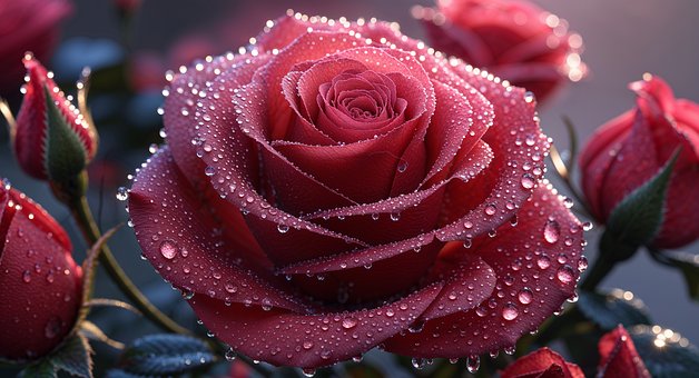 Ai Generiert, Blumen, Tau, Rote Rose