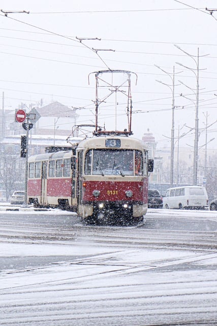 tram, transport, winter, city, street, landscape, nature, blizzard, snow