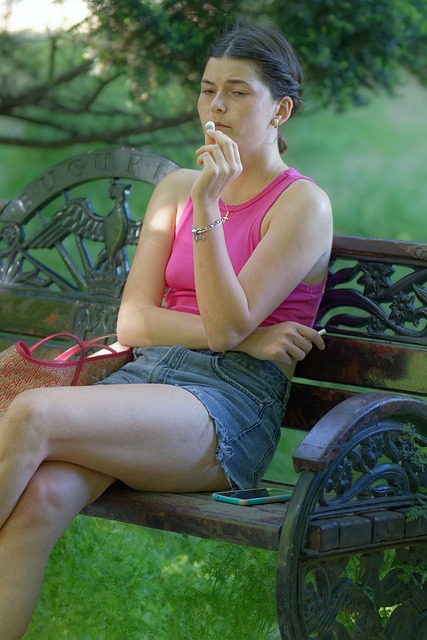 girl, casual, relaxing, meditating, sitting, bench, park, nature, green, bag, phone, cigarette, thinking, lifestyle