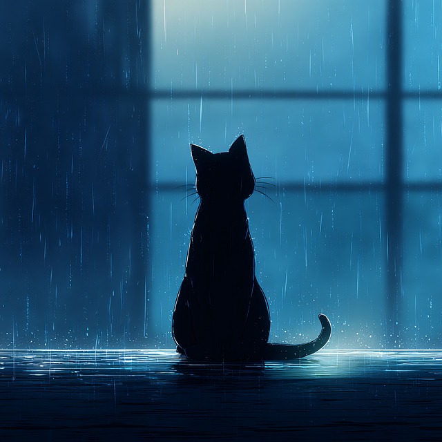 Free cat rain night illustration