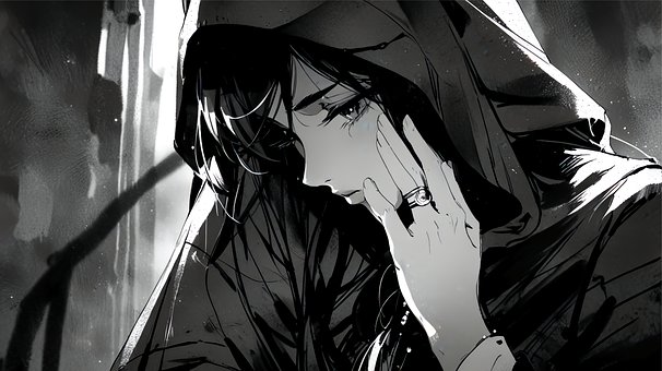 Traurig, Mädchen, Anime, Schwarz-Weiss