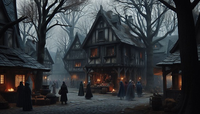 Aldea, Árboles, Casas, Calle, Oscuro