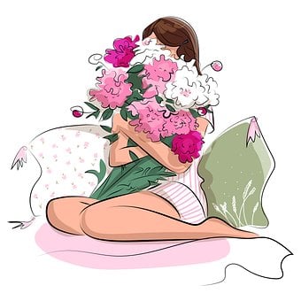 Woman, Girl, Peony, Happy, Sketch