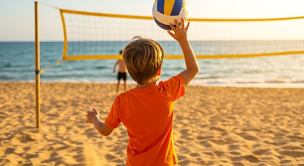 Strand, Junge, Volleyball, Sand, Ozean